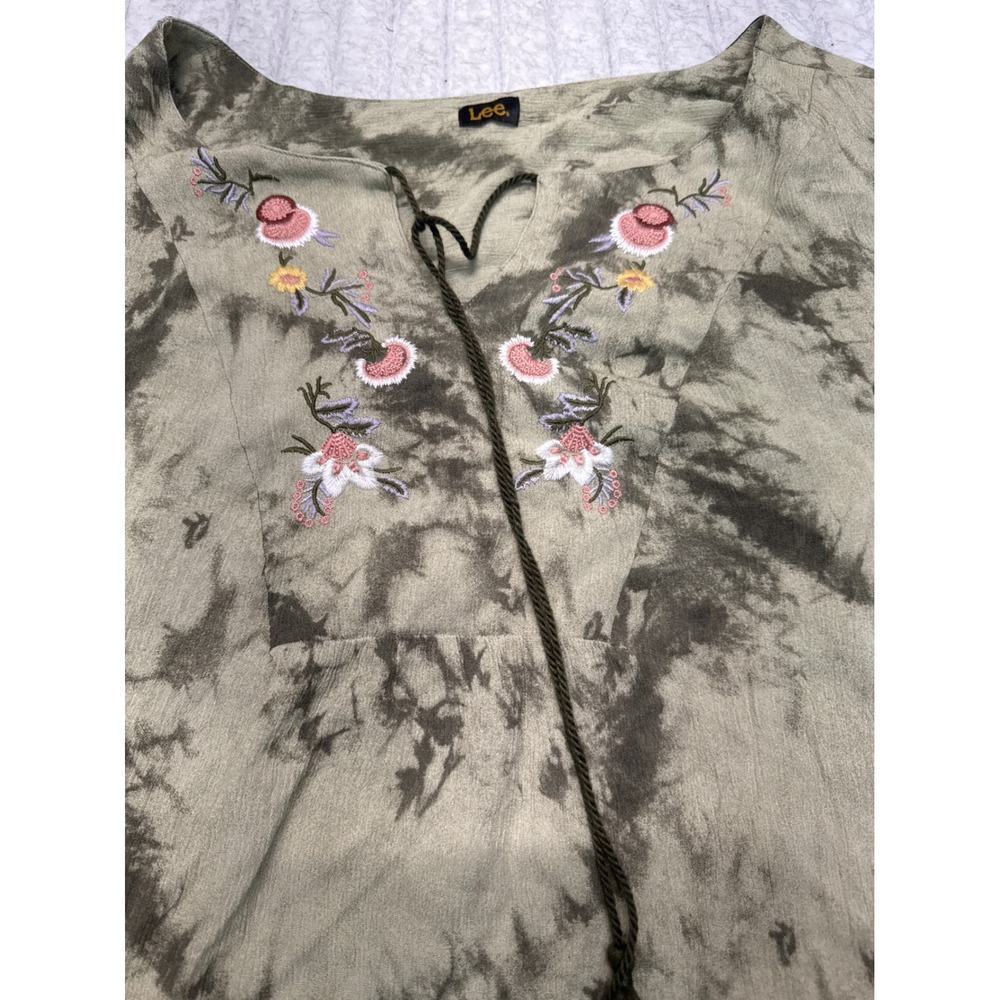 Lee Olive Green Tie Dye Embroidered Tassel Boho Blouse Top PZ2U298VFW